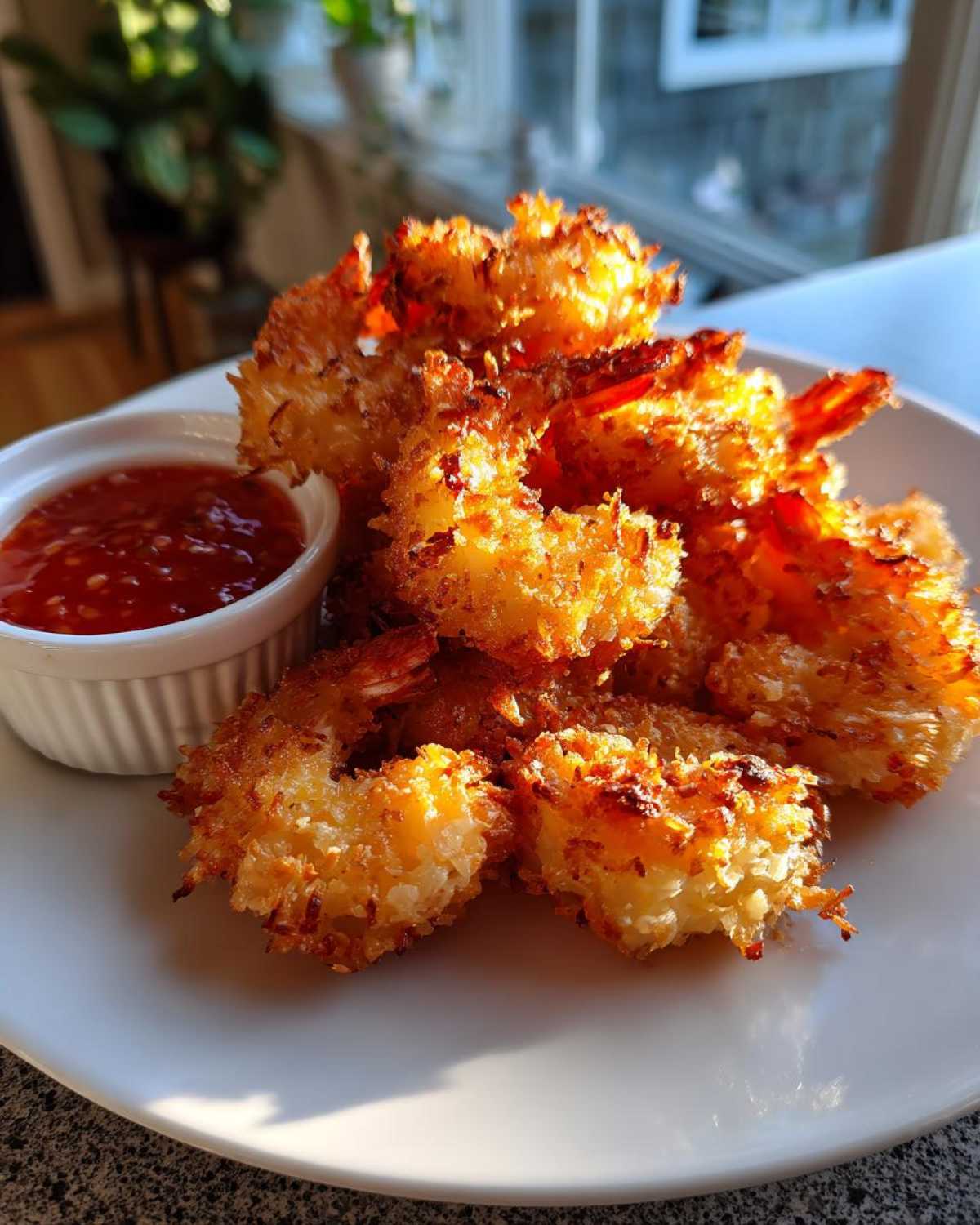 Golden brown, crispy Air Fryer Coconut Shrimp piled on a white plate next to a small bowl of sweet chili sauce.