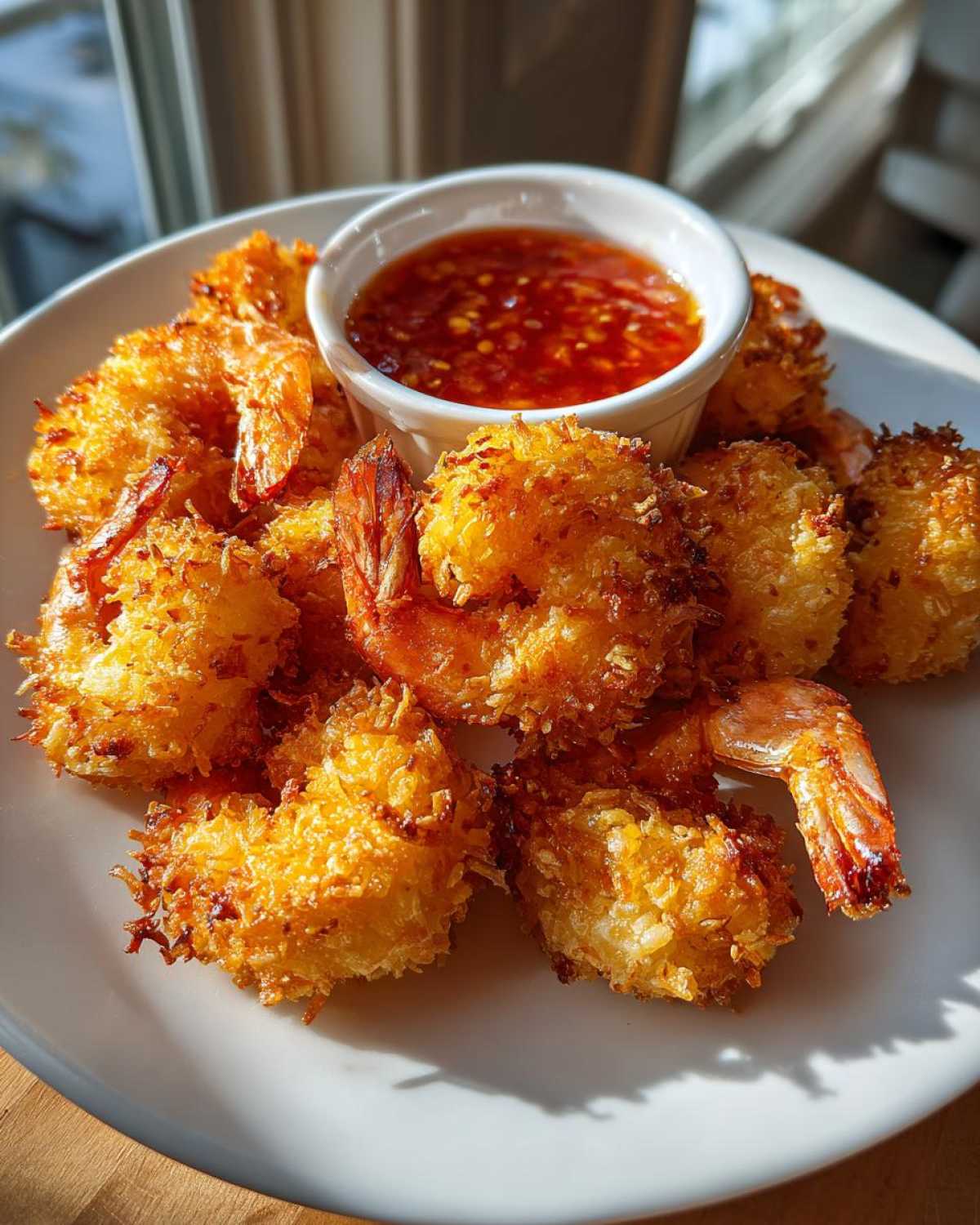 A plate of crispy, golden Air Fryer Coconut Shrimp served with a small bowl of sweet chili sauce.