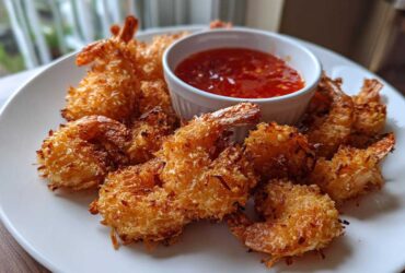 A plate of crispy, golden Air Fryer Coconut Shrimp served with a small bowl of sweet chili dipping sauce.
