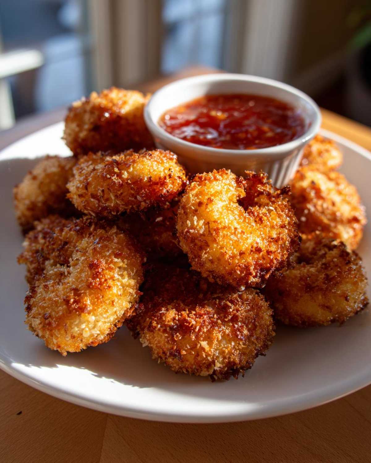 A pile of crispy, golden Air Fryer Coconut Shrimp served on a white plate next to a small ramekin of sweet chili sauce.