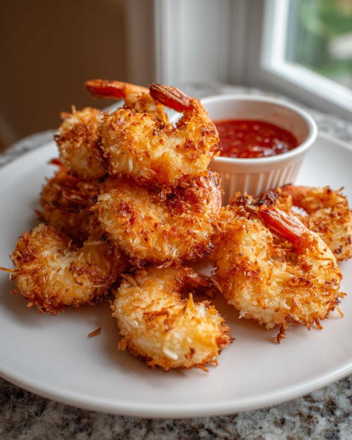 A stack of golden brown, crispy Air Fryer Coconut Shrimp served on a white plate next to sweet chili dipping sauce.