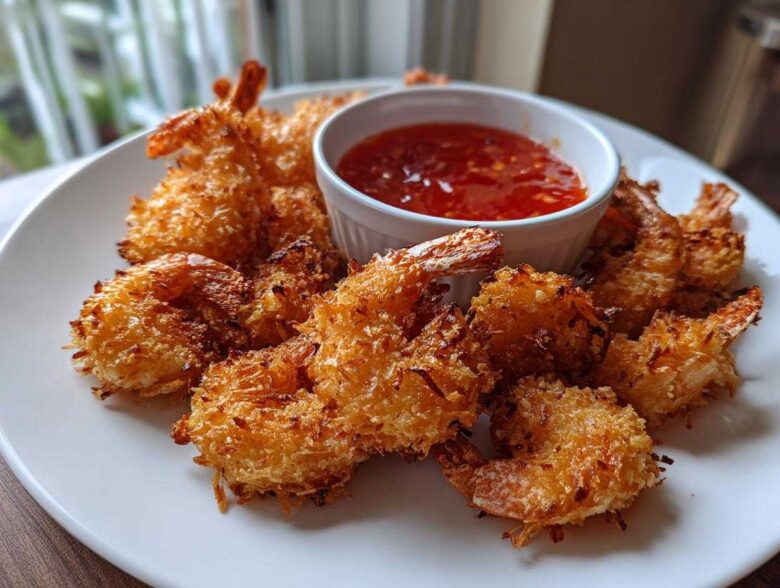 A plate of crispy, golden Air Fryer Coconut Shrimp served with a small bowl of sweet chili dipping sauce.