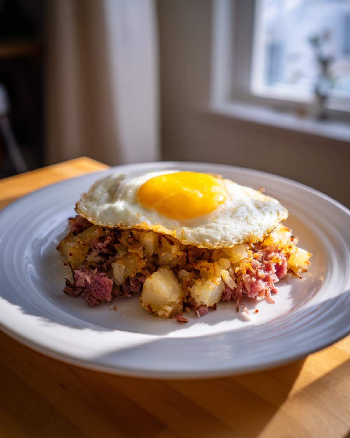 A serving of Air Fryer Corned Beef Hash with crispy potatoes, topped with a perfectly fried sunny-side-up egg.