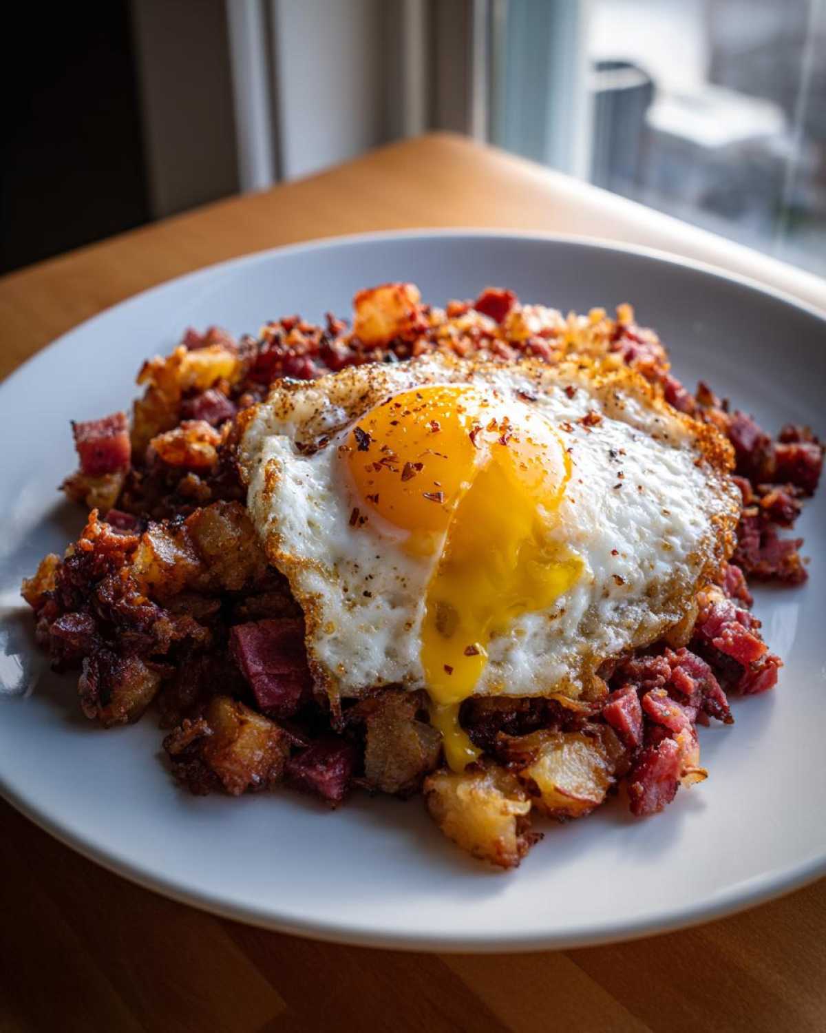 Close-up of Air Fryer Corned Beef Hash with Crispy Potatoes topped with a sunny-side-up egg.