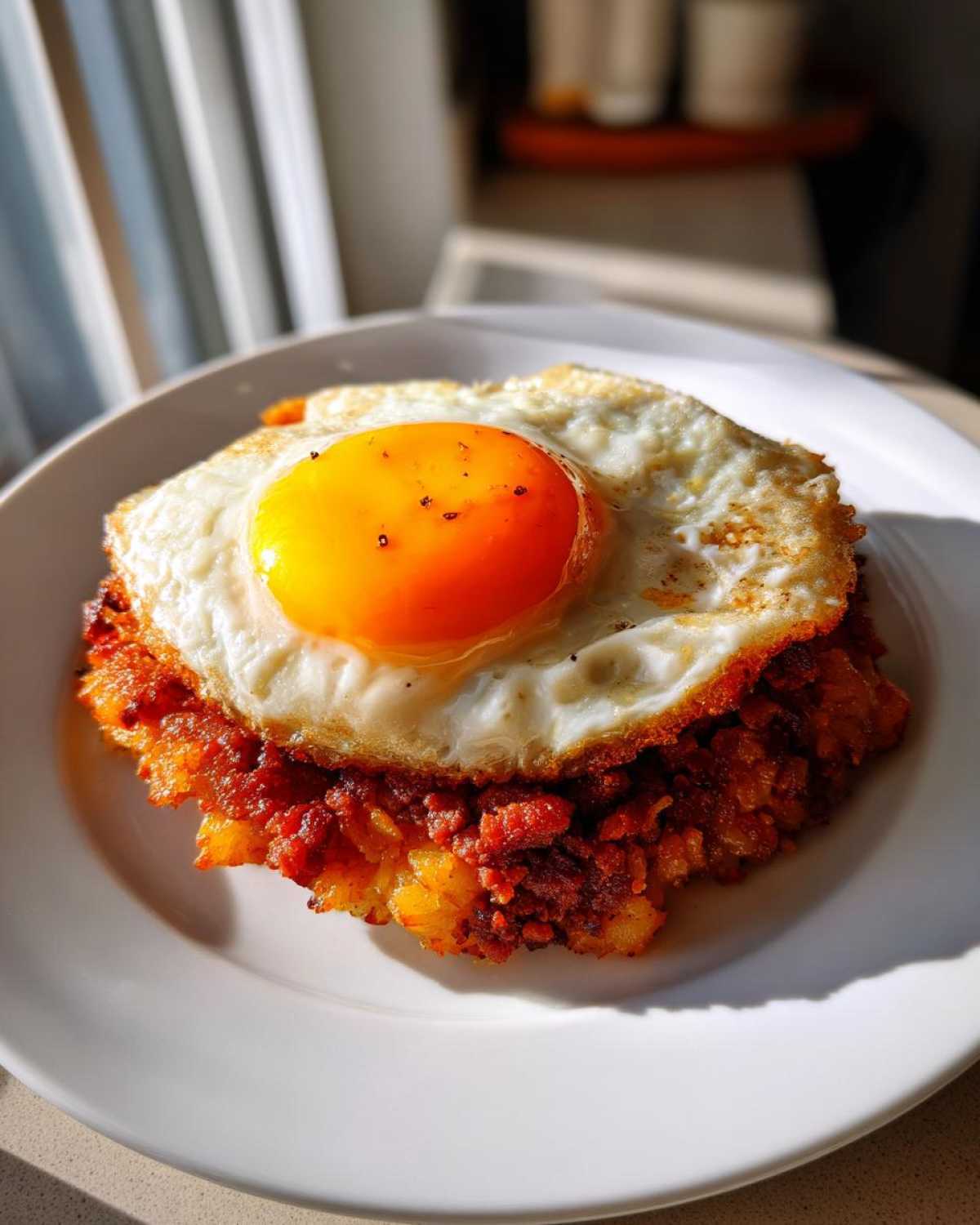 A perfectly cooked sunny-side-up egg sits atop a mound of crispy Air Fryer Corned Beef Hash with Crispy Potatoes on a white plate.