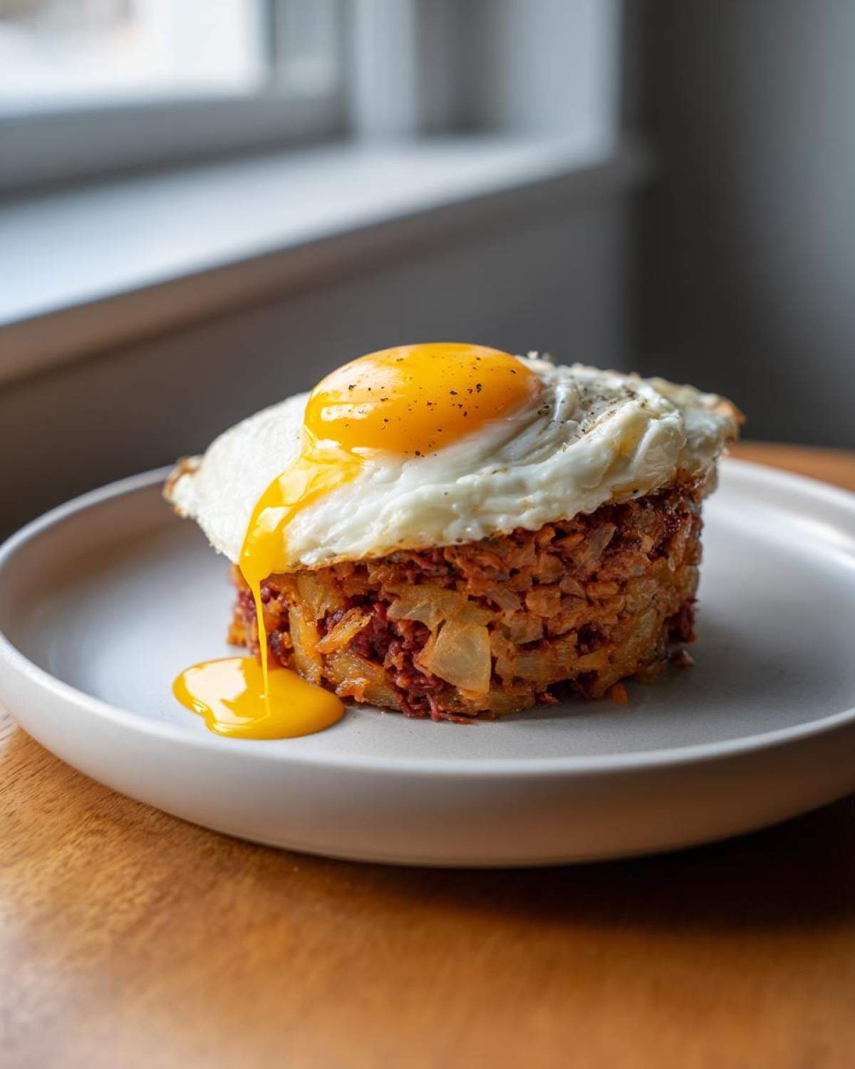 A perfectly stacked portion of Air Fryer Corned Beef Hash with crispy potatoes, topped with a sunny-side-up egg.