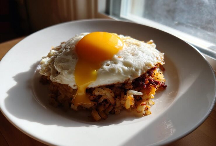 A serving of crispy Air Fryer Corned Beef Hash topped with a perfectly cooked sunny-side-up egg.