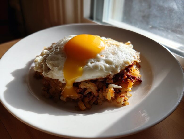 A serving of crispy Air Fryer Corned Beef Hash topped with a perfectly cooked sunny-side-up egg.