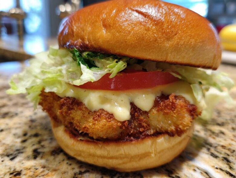 Close-up of a golden, crispy Air Fryer Crispy Fish Sandwich topped with melted sauce, tomato, and lettuce.