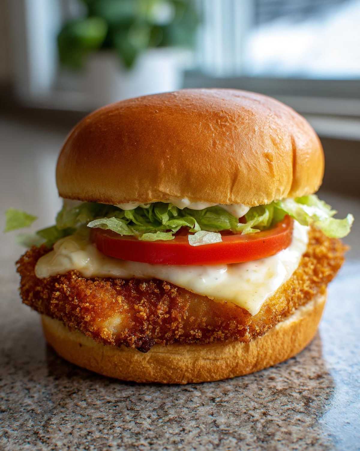 Close-up of an Air Fryer Crispy Fish Sandwich featuring a golden, breaded fillet, melted cheese, tomato, lettuce, and tartar sauce on a brioche bun.