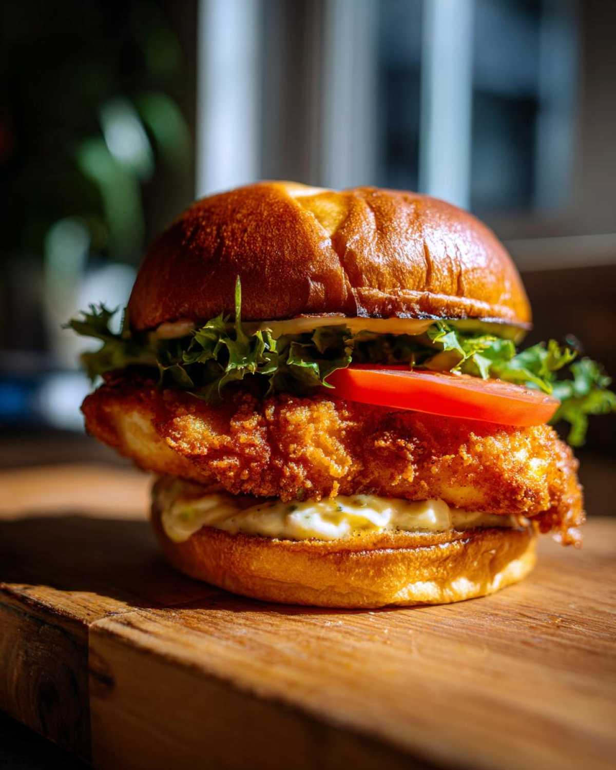 A perfectly assembled Air Fryer Crispy Fish Sandwich featuring a golden fried fillet, lettuce, tomato, and tartar sauce on a bun.