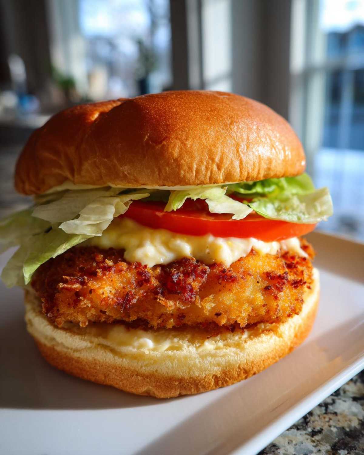 A perfectly assembled Air Fryer Crispy Fish Sandwich featuring a golden fried fillet, tartar sauce, tomato, and lettuce on a brioche bun.