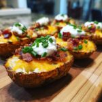 Close-up of several Air Fryer Crispy Potato Skins topped with melted cheese, bacon bits, sour cream, and chives.