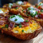 Close-up of freshly made Air Fryer Crispy Potato Skins topped with melted cheddar, bacon bits, sour cream, and chives.