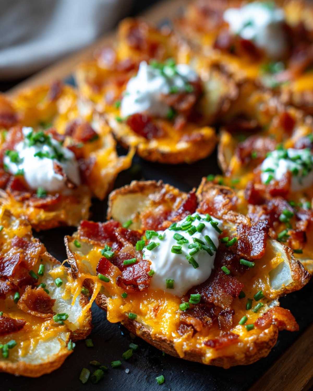 Close-up of crispy Air Fryer Crispy Potato Skins topped with melted cheddar cheese, bacon bits, sour cream, and chives.
