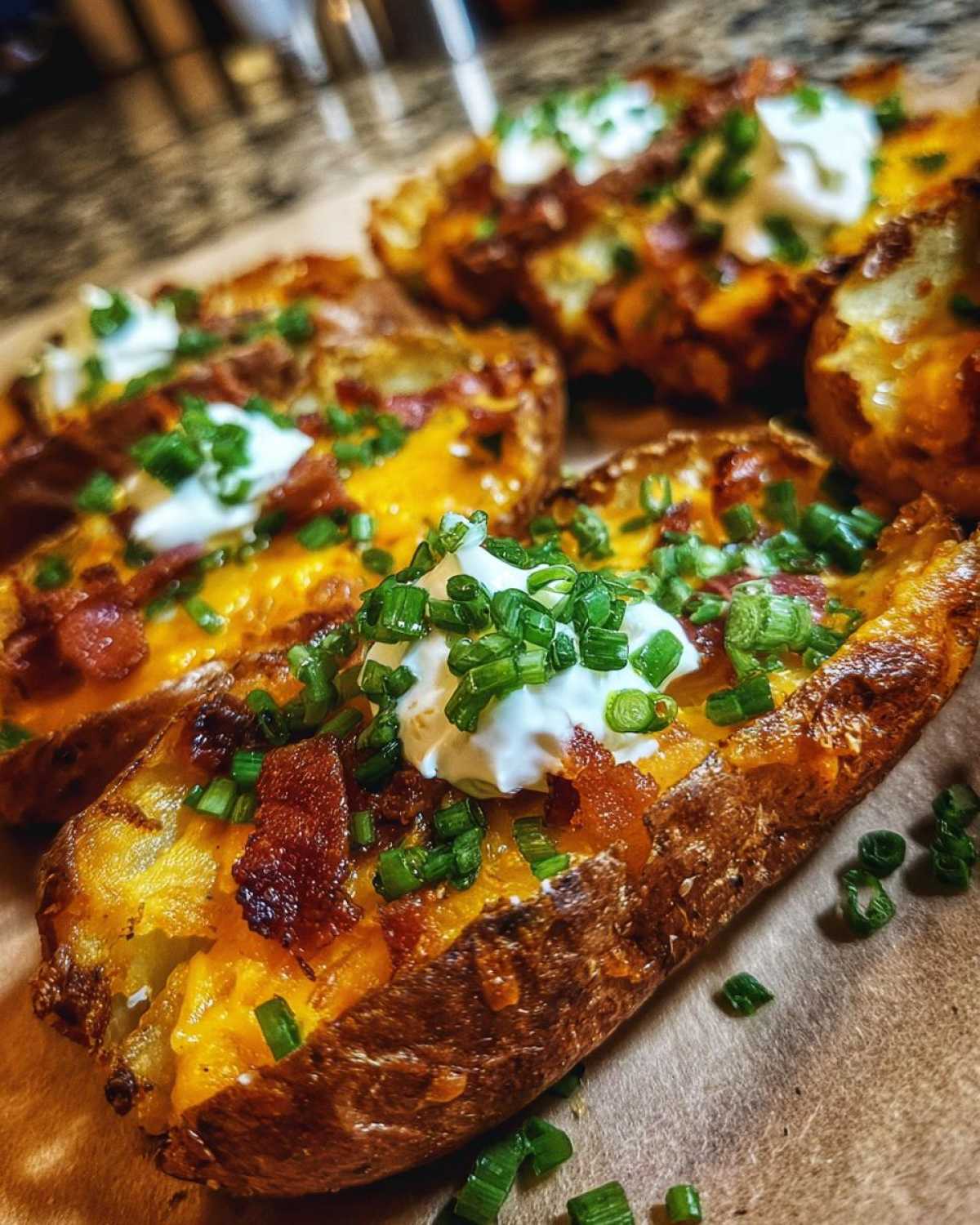 Close-up of fully loaded Air Fryer Crispy Potato Skins topped with cheese, bacon, sour cream, and chives.