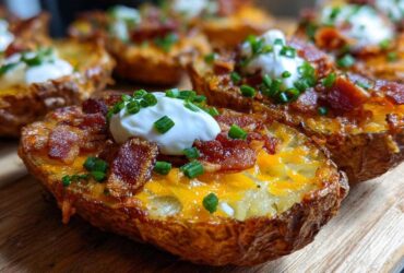 Close-up of freshly made Air Fryer Crispy Potato Skins topped with melted cheddar, bacon bits, sour cream, and chives.