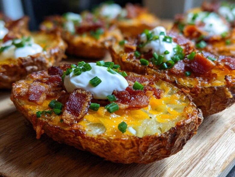 Close-up of freshly made Air Fryer Crispy Potato Skins topped with melted cheddar, bacon bits, sour cream, and chives.