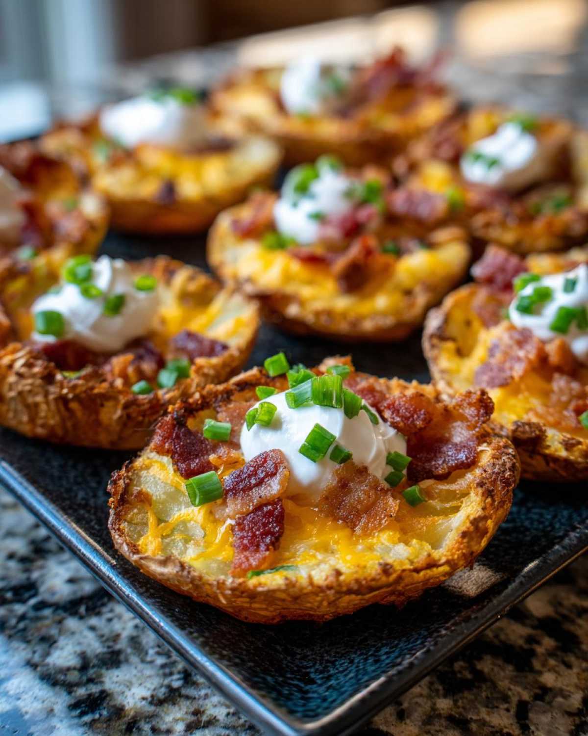 Close-up of Air Fryer Crispy Potato Skins topped with cheese, bacon, sour cream, and chives.