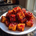 A pile of golden, crispy tofu cubes coated in a thick, glossy sweet chili glaze, served on a white plate.