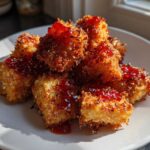 Close-up of golden, crispy Air Fryer Crispy Tofu with Sweet Chili Glaze stacked on a white plate.
