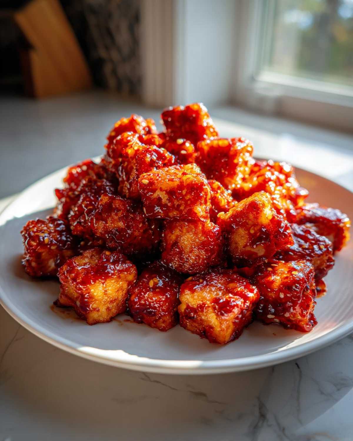 A pile of golden Air Fryer Crispy Tofu coated in a thick, shiny sweet chili glaze on a white plate.