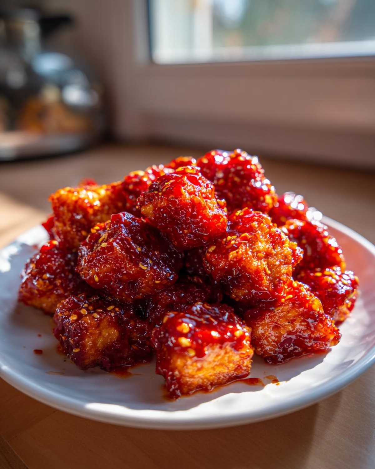 A pile of crispy tofu cubes coated in a thick, shiny sweet chili glaze, sprinkled with sesame seeds.