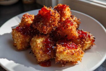 Close-up of golden, crispy Air Fryer Crispy Tofu with Sweet Chili Glaze stacked on a white plate.