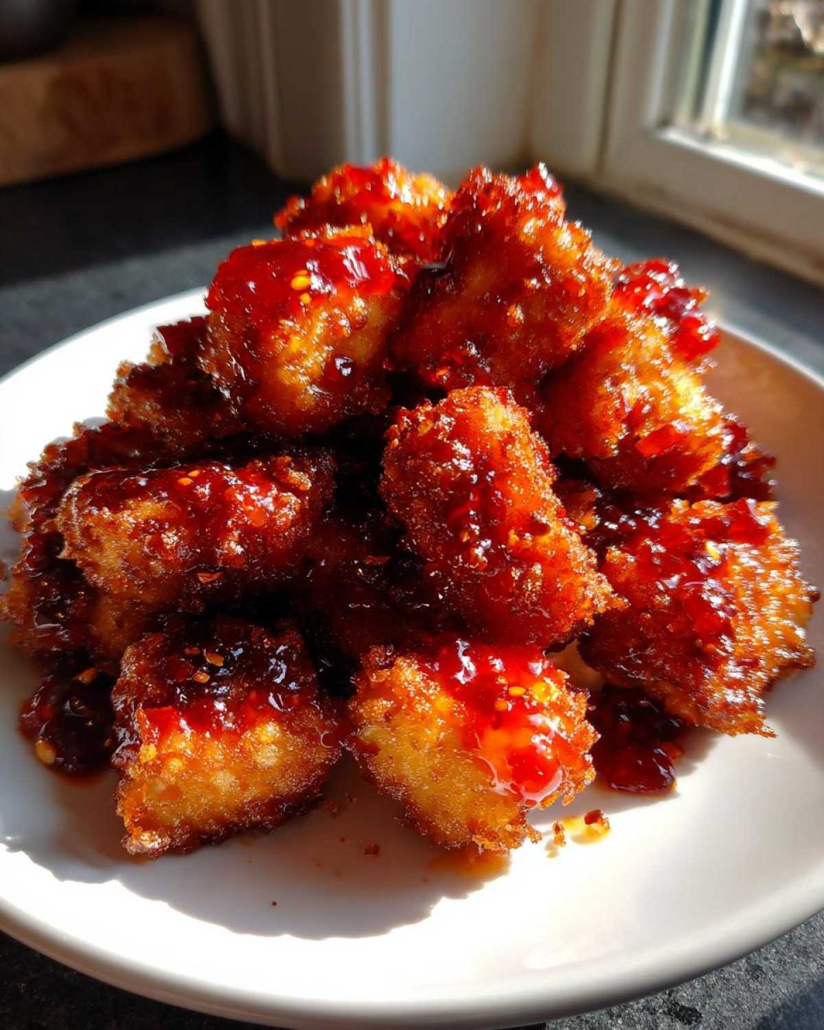 A pile of golden, crispy Air Fryer Crispy Tofu coated in a vibrant, glossy sweet chili glaze on a white plate.