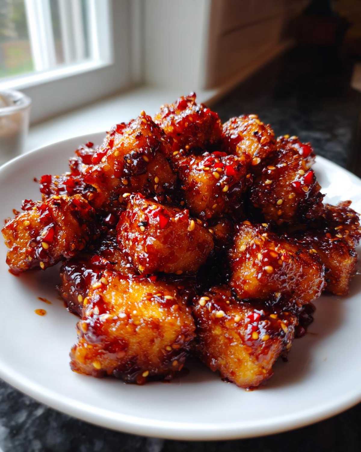 Close-up of golden, crispy Air Fryer Crispy Tofu coated in a thick, glossy sweet chili glaze with sesame seeds.