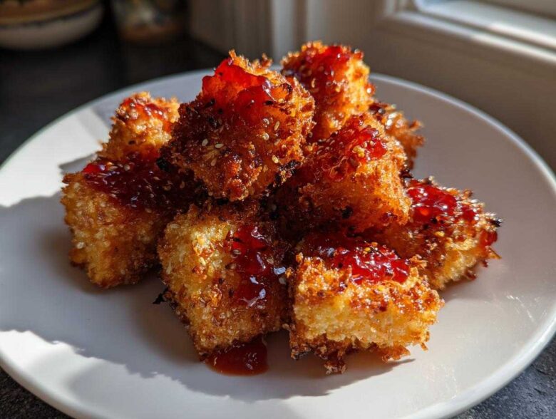 Close-up of golden, crispy Air Fryer Crispy Tofu with Sweet Chili Glaze stacked on a white plate.