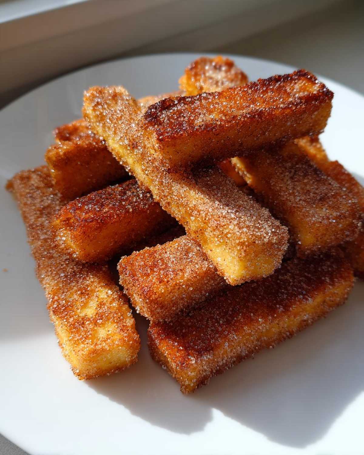 A pile of golden brown Air Fryer French Toast Sticks heavily coated in sparkling cinnamon sugar on a white plate.