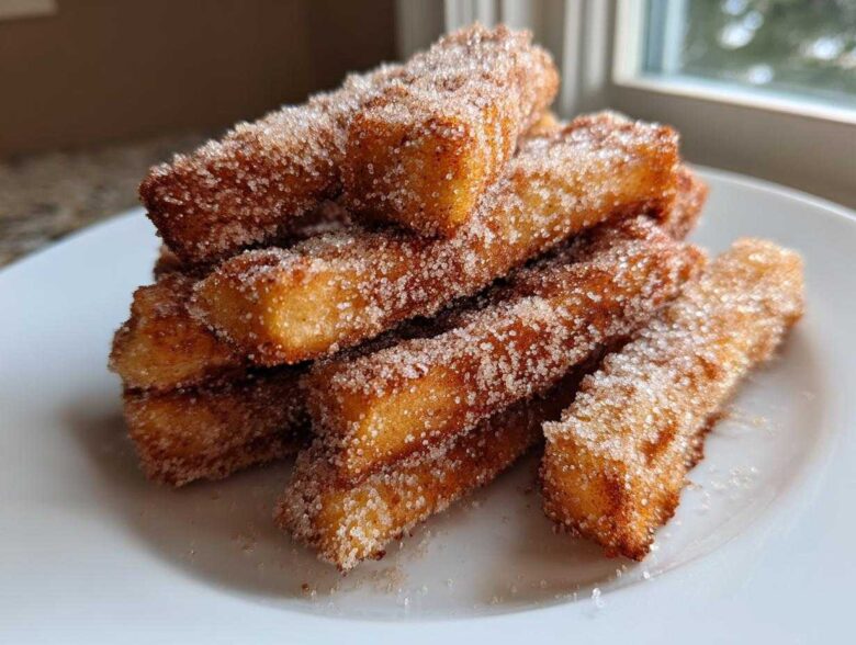 A close-up stack of golden brown Air Fryer French Toast Sticks heavily coated in sparkling cinnamon sugar.