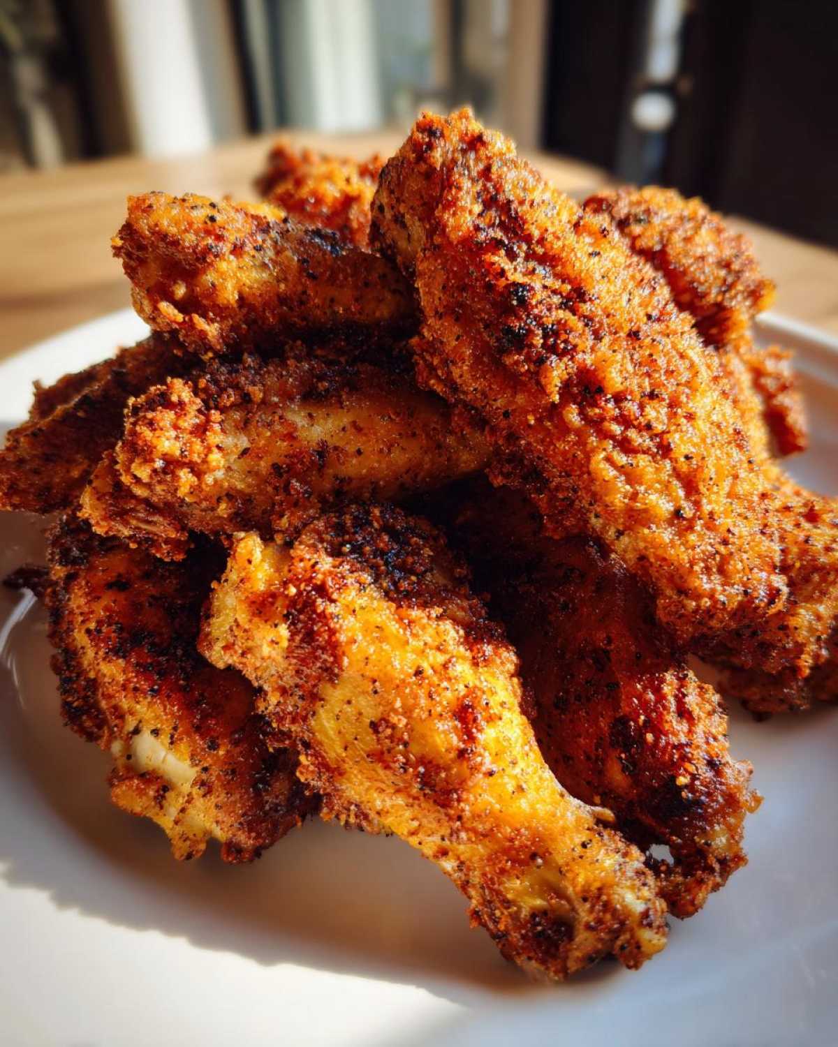 A close-up pile of crispy, seasoned Air Fryer Lemon Pepper Wings stacked on a white plate.