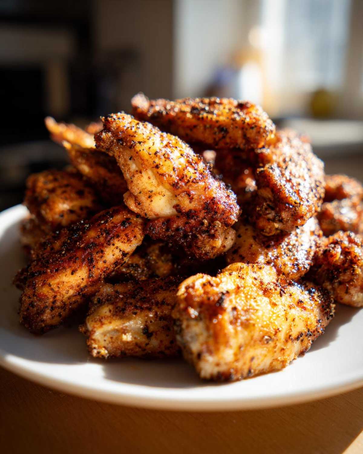 A close-up stack of crispy Air Fryer Lemon Pepper Wings seasoned heavily with black pepper, sitting on a white plate.