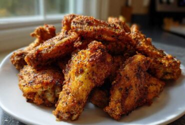 A pile of crispy, golden brown Air Fryer Lemon Pepper Wings seasoned heavily with black pepper, served on a white plate.