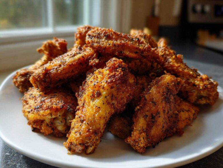 A pile of crispy, golden brown Air Fryer Lemon Pepper Wings seasoned heavily with black pepper, served on a white plate.