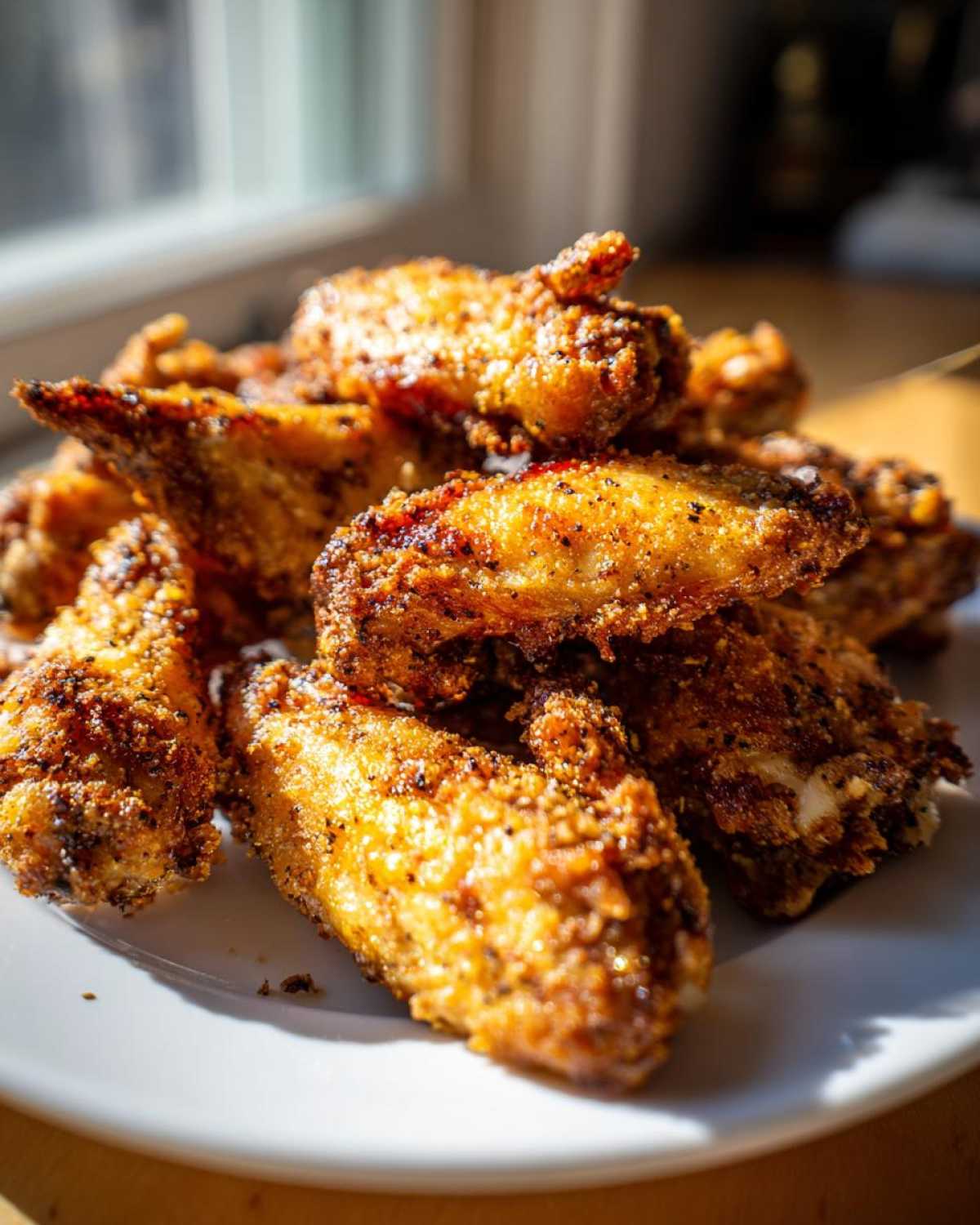 A close-up stack of crispy, golden brown Air Fryer Lemon Pepper Wings seasoned with visible pepper flakes.