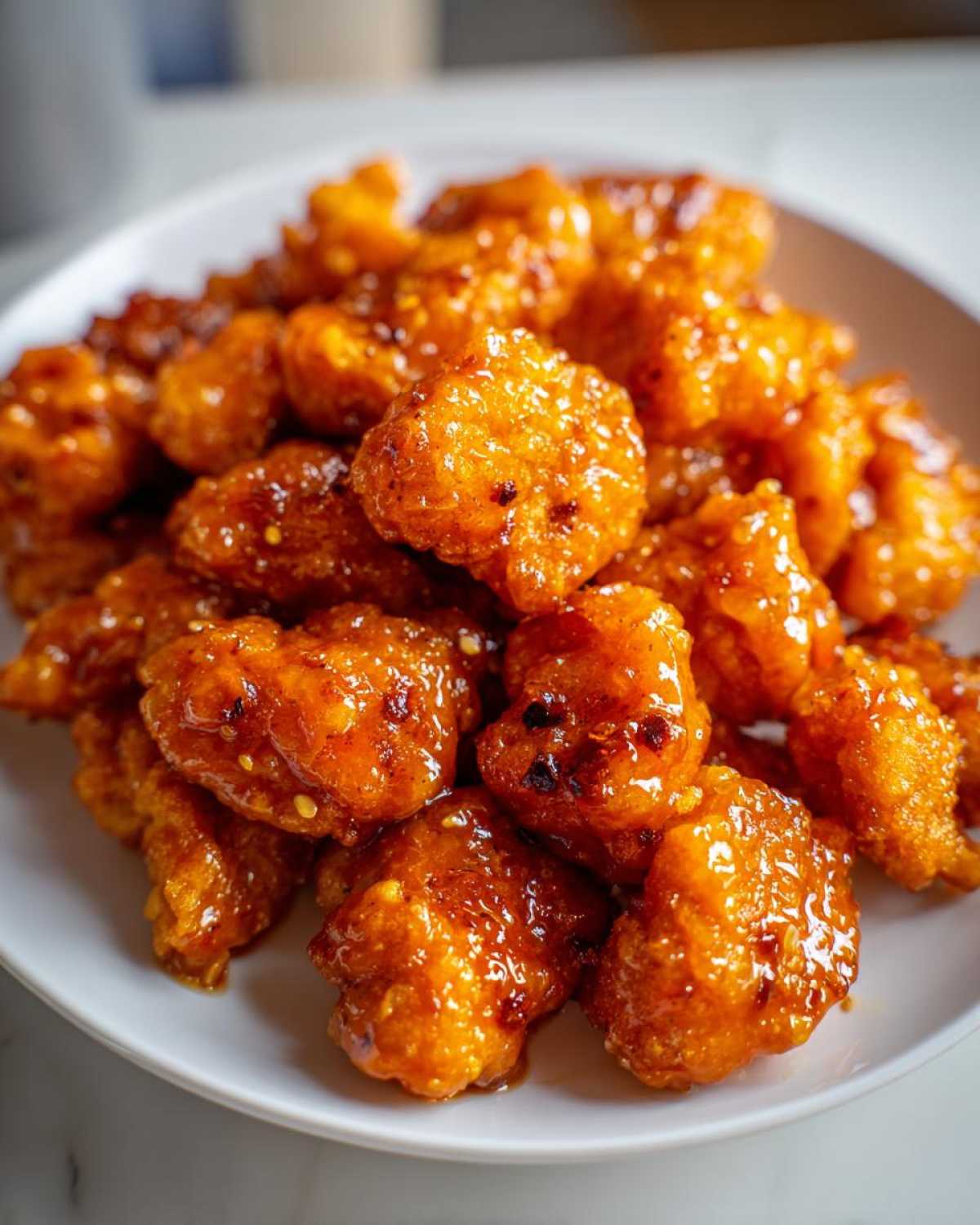 Close-up of crispy, glazed pieces of Air Fryer Orange Chicken piled high on a white plate.