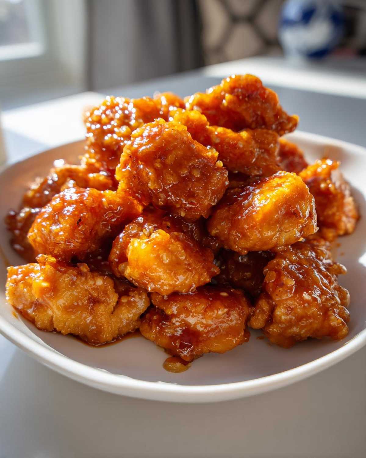 A close-up shot of crispy chicken pieces coated in a thick, glossy orange sauce, ready to eat Air Fryer Orange Chicken.