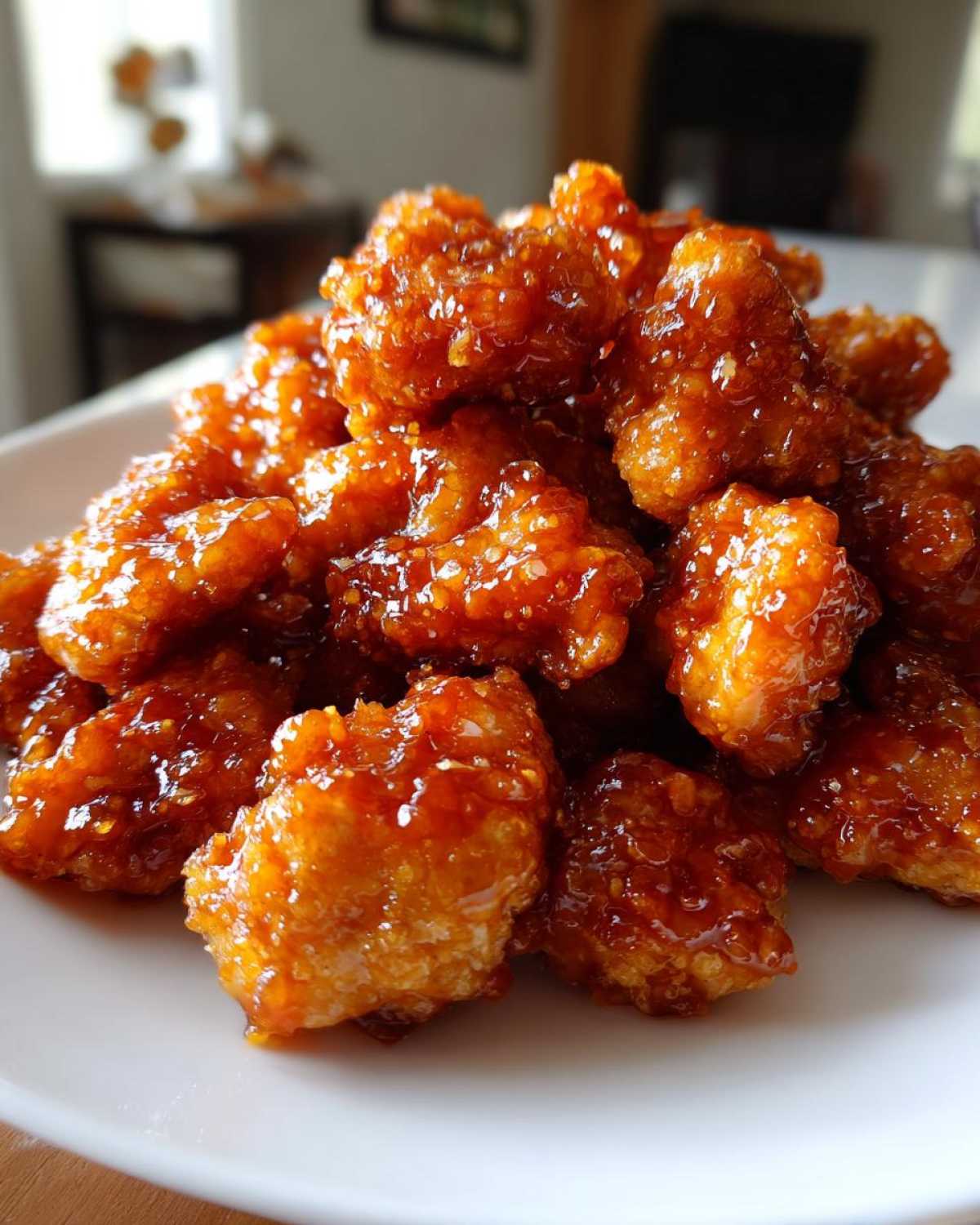 Close-up of crispy, glazed pieces of Air Fryer Orange Chicken piled high on a white plate.