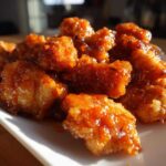 Close-up of glistening, saucy pieces of Air Fryer Orange Chicken piled on a white rectangular plate.