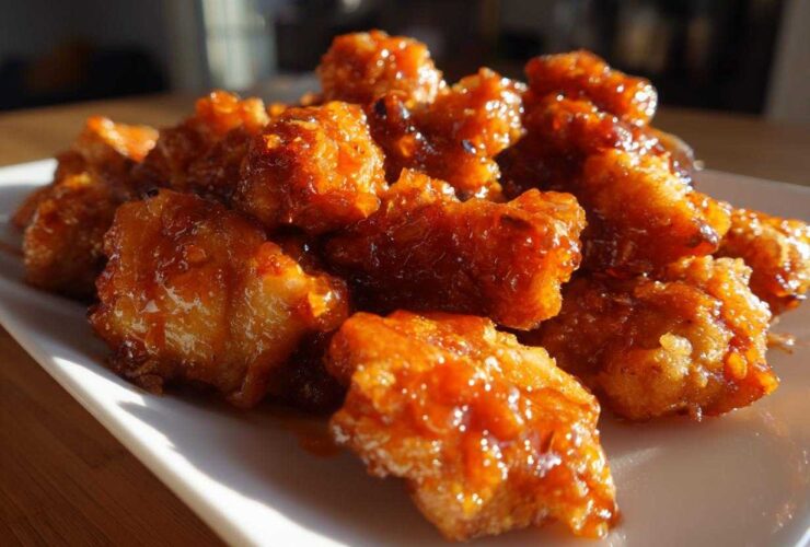 Close-up of glistening, saucy pieces of Air Fryer Orange Chicken piled on a white rectangular plate.
