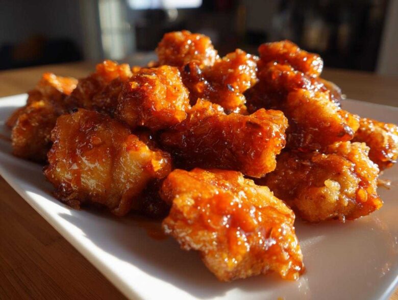 Close-up of glistening, saucy pieces of Air Fryer Orange Chicken piled on a white rectangular plate.