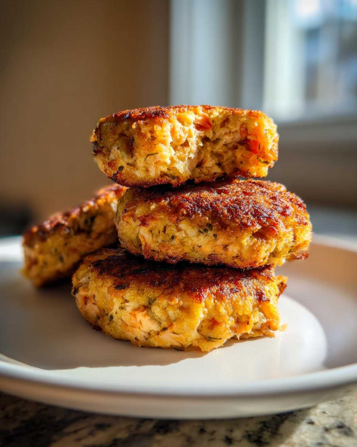 Close-up of three golden brown Air Fryer Salmon Patties stacked on a white plate, one on top is broken open.