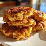 A stack of crispy, golden brown Air Fryer Salmon Patties with one broken open to show the flaky interior.