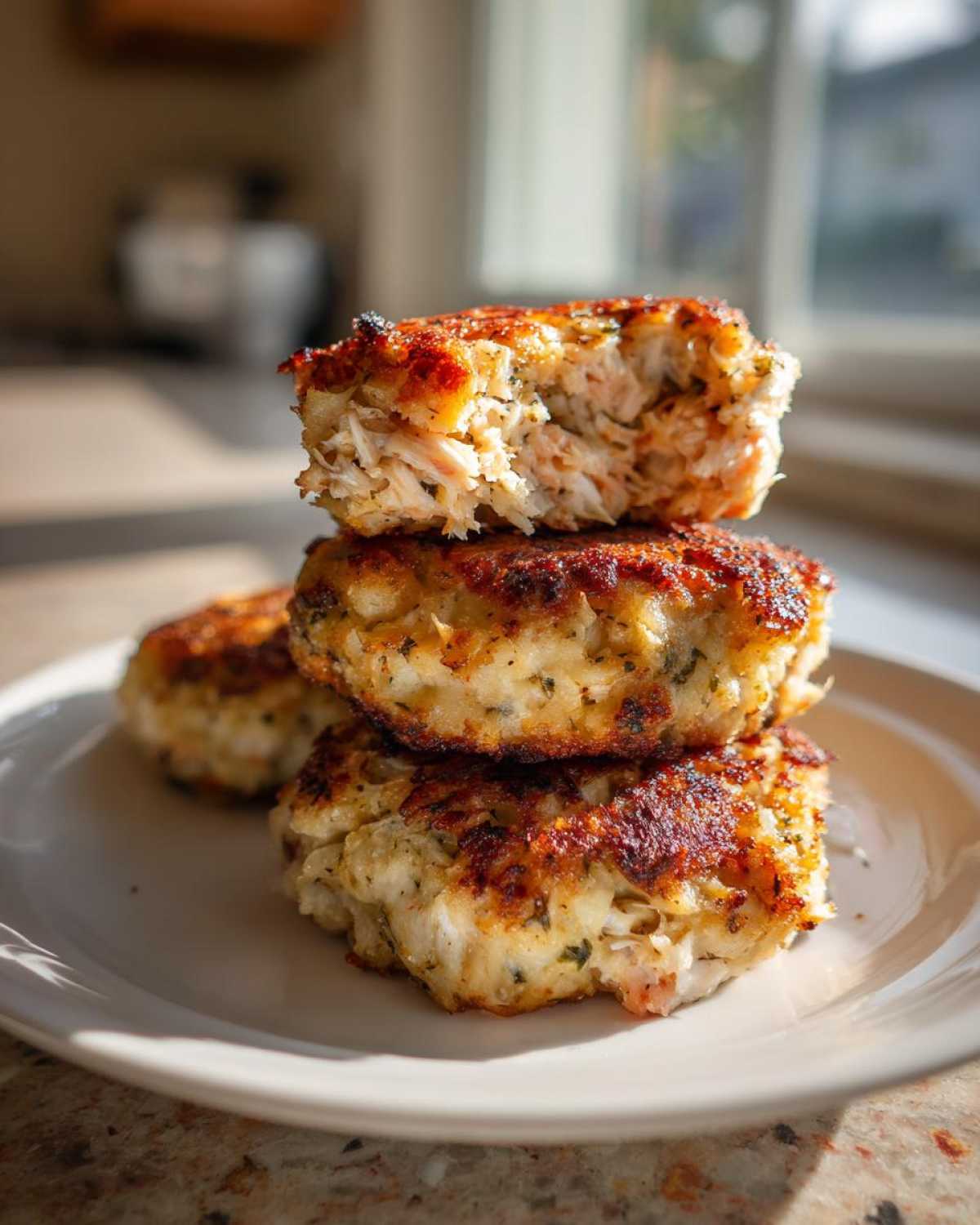 Close-up of three golden-brown Air Fryer Salmon Patties stacked, with the top one broken open to show flaky salmon inside.