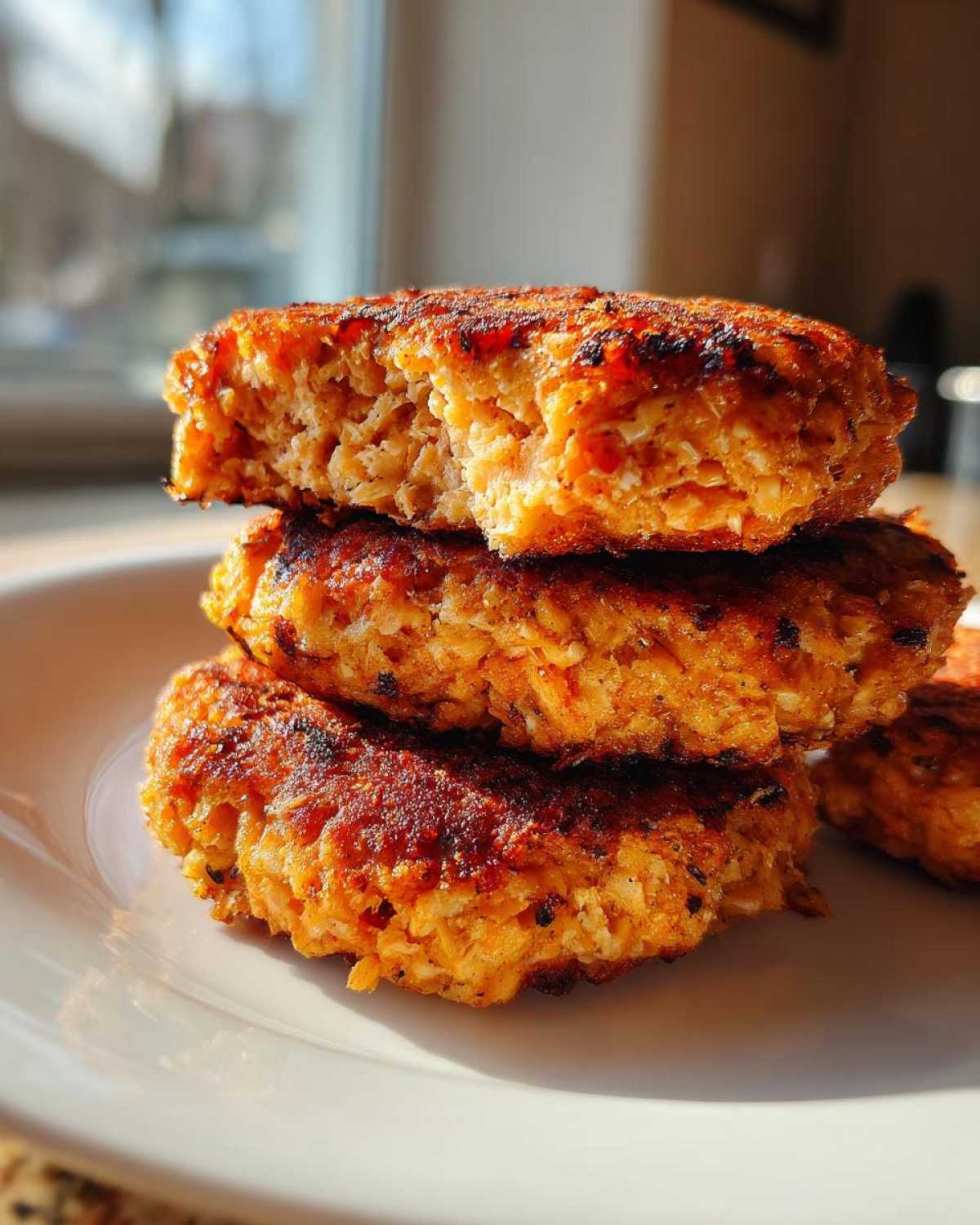 Close-up of three golden-brown Air Fryer Salmon Patties stacked on a white plate, showing a flaky interior.