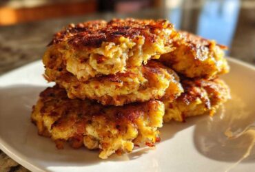 A stack of crispy, golden brown Air Fryer Salmon Patties with one broken open to show the flaky interior.
