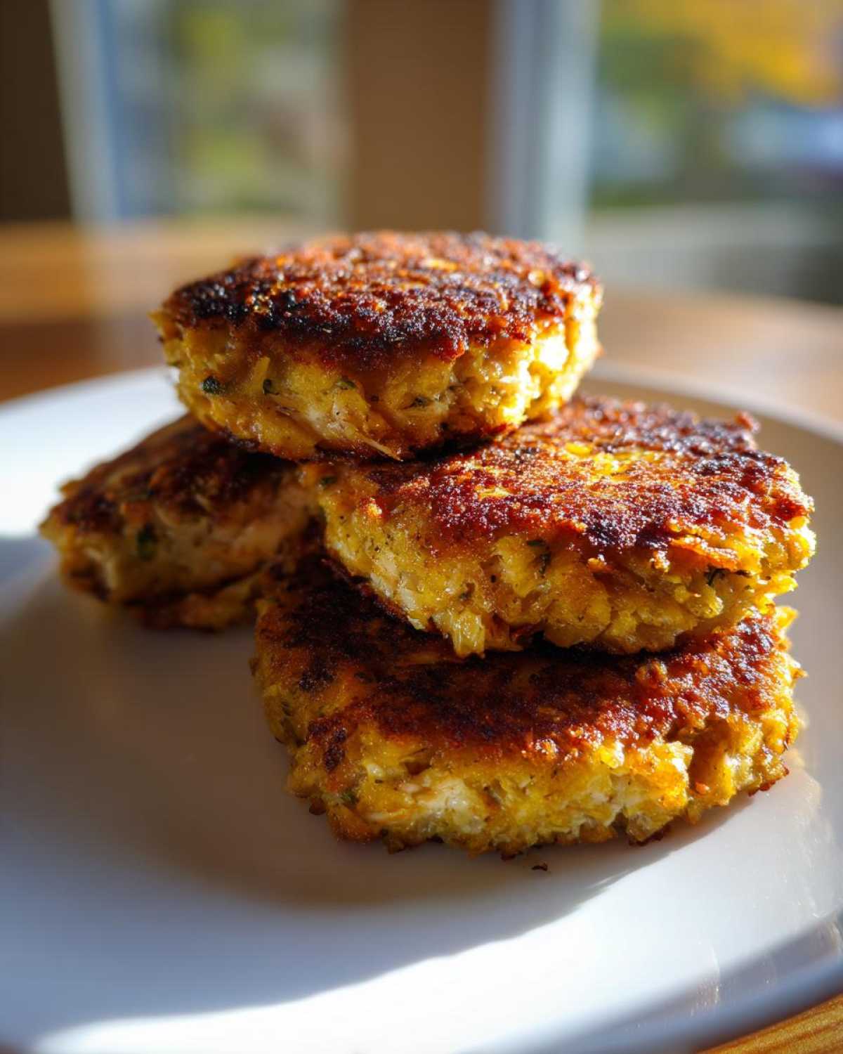 A stack of three golden-brown, crispy Air Fryer Salmon Patties sitting on a white plate.